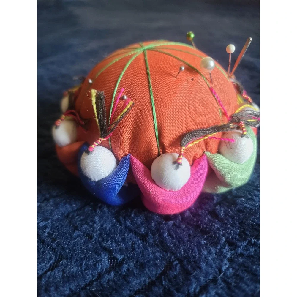 Vintage Chinese Folk Art Pincushion Orange with Colorful Children Figures Pins